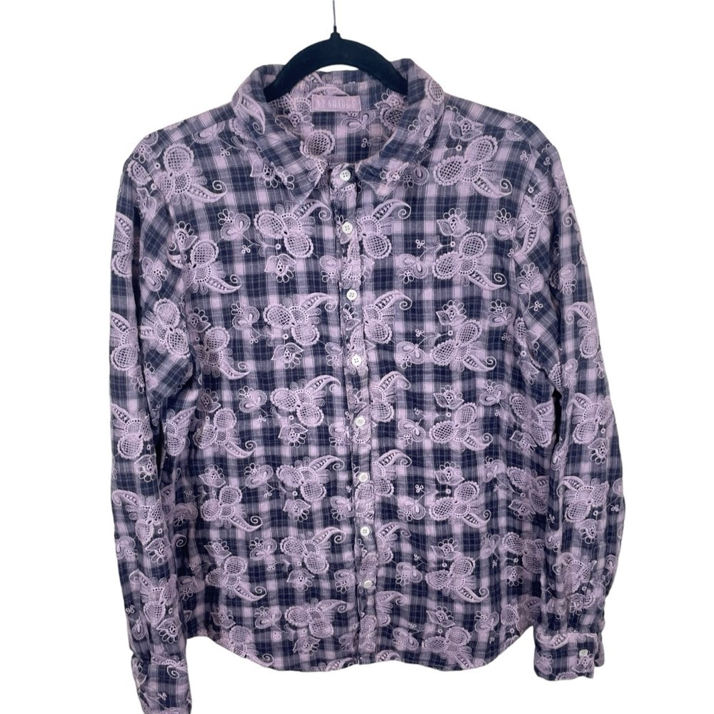 CP Shades women’s lilac purple floral button up plaid shirt cotton medium